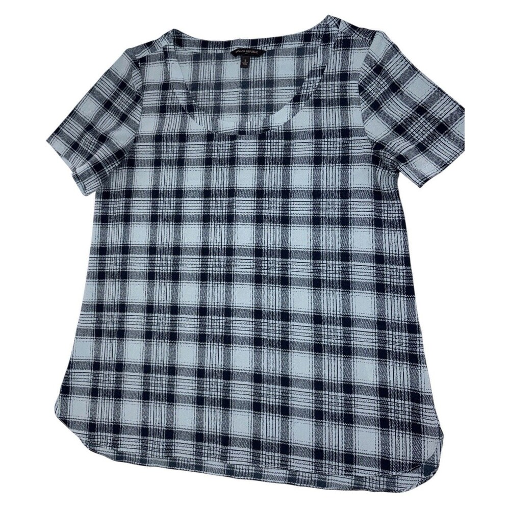 Banana Republic Plaid Scoop Neck Blouse Women's Small Short Sleeve Blue Career
